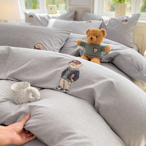 Cartoon Embroidered Cotton Bedding Set Full Washed Cotton Duvet Cover Sheet Dormitory Children Bed Canopy Three Piece Set