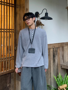 Loose Fit Long Sleeve T-Shirt Mens Solid Color Henry Collar Top Casual Versatile Comfortable Polyester Fiber Autumn Trend