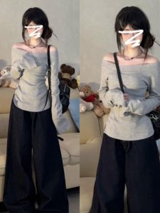 Gray Hot Girl Shoulder Bared Knitted Sweater Womens Base Layer Slimming Waist Cinched Autumn Inner Wear High-End Feeling Top