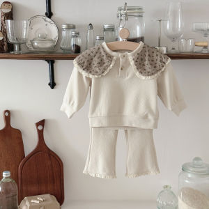 Korean Style Baby Boy Girl Clothes Set Floral Collar Lace Long Sleeved Outfit Trousers for Spring Autumn Infant Fashion Suit