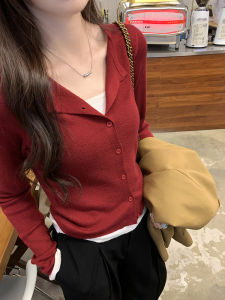 เสื้อชั้นในถักสีแดงสไตล์เกาหลีสำหรับผู้หญิง ฤดูใบไม้ร่วง/ฤดูหนาว 2025 เสื้อชั้นในสั้นแบบใหม่ ทรงเข้ารูป คอตั้ง แขนยาว เสื้อชั้นในถักแบบสวมหัว