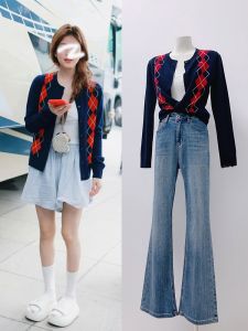 Zhaolu Si Korean Style Sweet College Retro Diamond Pattern Dark Blue Knitted Open Cardigan Womens Set Autumn Long Sleeve round Neck