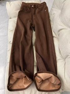 กางเกงยีนส์ขากว้างบุขนแกะหนาสำหรับผู้หญิง กางเกงขายาวทรงตรงเอวสูง ทรงหลวม ทรงหลวม กางเกงยีนส์ทรงหลวมสำหรับฤดูใบไม้ร่วงและฤดูหนาว