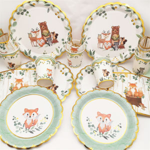 1Bag Jungle Animal Fox Paper Tissue Napkins Plate Cup Kids Happy Birthday Party Decoration Baby Shower Party Decorations Supplie