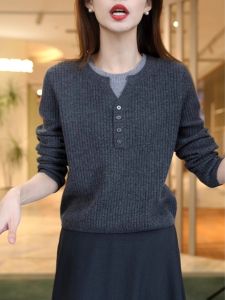 Color Block round Neck Long Sleeve Knitted Sweater Womens Base Layer Slimming Top Commute Style Korean Version Knitwear