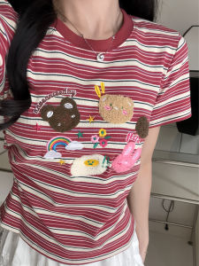 เสื้อยืดแขนสั้นลายทางสีรุ้งเดโมเนชั่น ปักลาย ทรงเข้ารูป สำหรับผู้หญิง แฟชั่นฤดูร้อน ผ้าฝ้ายผสมยางยืด คอกลม