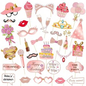 1 ชุด Happy Birthday Photo Booth Props Rose Gold Selfie Prop Stick ตลกถ่ายภาพป้ายสําหรับอุปกรณ์งานเลี้ยงวันเกิด