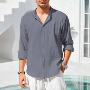 king billion(king bilyon) | Mens Cotton Linen Shirt Lightweight Breathable Henley Neck Solid Color Single Breasted Shirt Long Sleeve Male Trendy Button Up