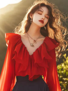 Elegant Red Long Sleeve Shirt Unique Beautiful High-End Feel Stylish Spring Autumn New Womens Fashion High Waist Straight Cut