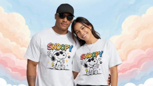 Snoopy Family Matching Active Dri T-Shirts with Cartoon Character Design. White Active dri shirts with colorful "SNOOPY" lettering featuring Snoopy illustrations. Suitable for casual wear. Ideal for family outings.