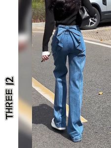 American Retro Blue Straight Leg Denim Pants Women Summer New High Waist Design Loose Wide Leg Trousers Butterfly Knot