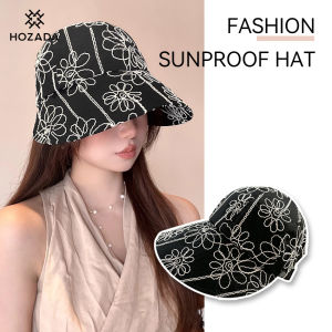 HOZADA หมวกชาวประมงหมวกแก๊ปพับได้หมวกหมวกปีกบังแดดสามารถแขวนได้หมวกแก๊ปหมวกป้องกันแสงแดดปักลายชายหาดหมวกแก๊ปป้องกันรังสียูวีสำหรับท่องเที่ยวกลางแจ้งฤดูร้อน