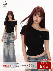 เสื้อยืดแขนสั้นคอวีสีดำไม่สมมาตรสำหรับผู้หญิงในฤดูร้อน เสื้อผ้าทำงานทรงเข้ารูปแบบลำลองที่สวมใส่สบาย ทรงเข้ารูป