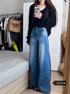 High Waist Wide Leg Denim Jeans Womens plus Size Autumn Winter Vintage Loose Slim Straight Floor-Length Pants