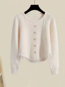 Casual Style Tassel Trim Short Knit Sweater Womens Pure Color Design Spring Autumn Versatile Solid Knitted Top for Young Girls