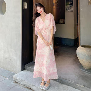 Pink French Style Printed Chiffon Dress Slimming High Waist A-Line Summer Dress Korean Style Commute Short Sleeve V-Neck