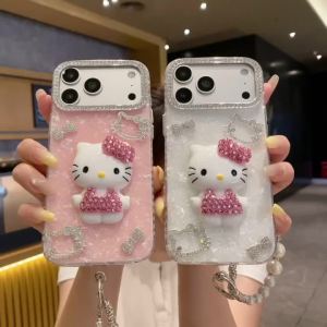 Sanrio | Ốp Điện Thoại iPhone 3D Hello Kitty Đính Đá Lấp Lánh Mặt Lưng Kèm Dây Ngọc Trai Chống Xước Nhẹ Chất Liệu TPU+PC