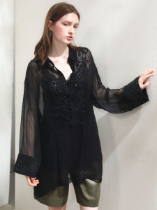 Miccbeirn | 100% Silk Sequin Embroidered Shirt Elegant Luxury Two-Piece Set Vintage Style Loose Fit Long Sleeve Collared Top For Women