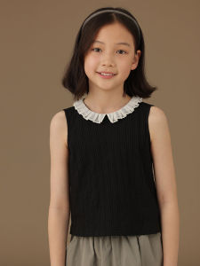 Haitao Childrens Clothing Black Lace Collar Large Girl T-Shirt Western Style Kids Knitting Vest Bottoming Outwear Summer New