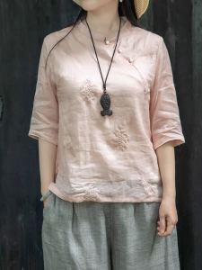 New Chinese Style Cotton Linen Embroidered Stand Collar mid Sleeve Shirt Women Summer Design Sensual Small Top Improved Zen Style Cheongsam Top