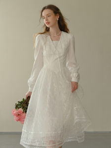 Spring 2025 French Style Tea Break Waist-Cut Dress Navy Collar Absolutely Beautiful Fairy Mesh Long Dress A-Line Skirt