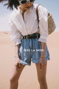 SaviFrame Spring Summer New High Waist Casual Denim Shorts + White Embroidered Retro Shirt Cotton Comfortable Fashion Set