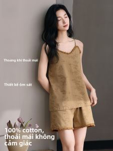 MiiOW | Bộ đồ ngủ cotton nguyên chất mùa hè cho nữ có đệm ngực Quần áo mặc nhà V-neck Quần short dây lưng thoáng khí