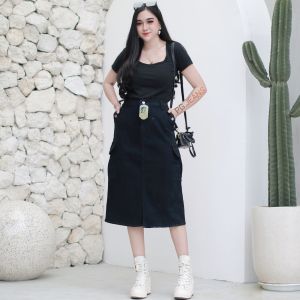 Cassa Rok Jeans Skirt Cargo Midi Highwayst Karet Belakang