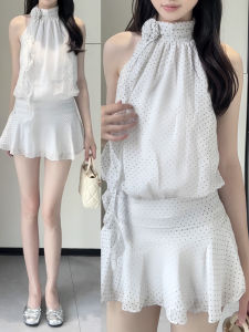 LIRUSHAN | Dot Print Halter Neck Flattering Short Dress