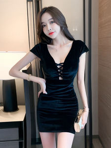 ชุดผู้หญิงไนท์คลับชุดเดรสเซ็กซี่สำหรับฤดูร้อนเดรสรัดสะโพกเข้ารูปคอลึกใส่แล้วดูผอมเพรียวชุดทำงานสำหรับช่างซาวน่าผู้หญิง