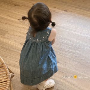 Summer Girls Dress Embroidered Denim Vest Skirt Child High-End Feeling Loose Fit Korean Style Blue Jeans Skirt for Kids