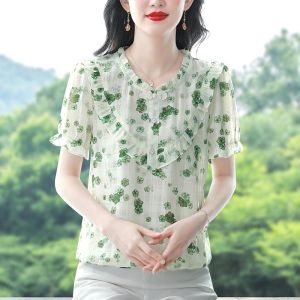 เสื้อเชิ้ตผ้าชีฟองแขนสั้นลายดอกไม้สุดหรูหราสำหรับผู้หญิงในฤดูร้อน เสื้อเชิ้ตทรงหลวมป้องกันหน้าท้อง เสื้อเชิ้ตผู้หญิงสุดเก๋ไก๋
