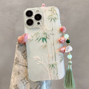 Creative Chinese Style Phone Case for VIVOX100s X80 X200PRIMINI X70 X60T X50 X30/X27 X23/X21 with Tassel Lanyard Green Bamboo Design