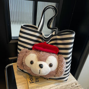 Summer New Large Capacity Cartoon Bear Canvas Tote Bag Casual Commuting Shoulder Bag Striped Pattern Soft Handbag for Youth