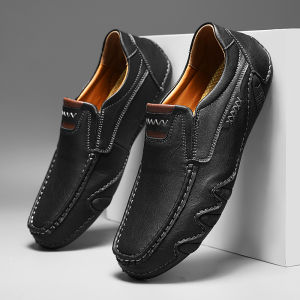 Handcrafted Stitching Slip-On Casual Mens Shoes Large Size Black Leather Flat Bottom Office Wear round Toe Low Heel Rubber