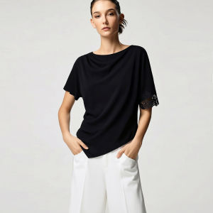 AMII | Commuter Boat Neck Asymmetric Short Sleeve Lace Spliced Chiffon Top