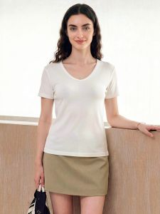 Basic House | Summer Short Sleeve V-neck Simple Matching Ribbed Straight Shoulder T-shirt