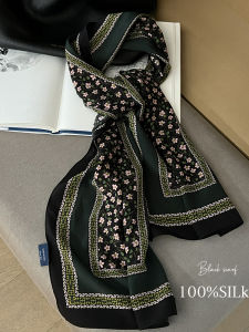 French Floral 100% Mulberry Silk Scarf Long Double Gauze Thin High End Silk Scarf Womens Spring Autumn Summer Multi Functional