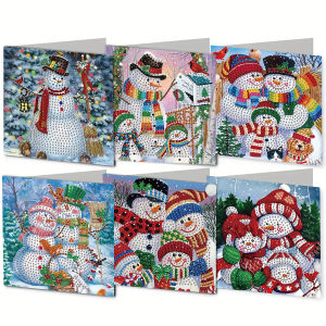 6 diamond-painted Christmas card postcards with DIY paper snowman patterns suitable for expressing wishes and blessings to elde