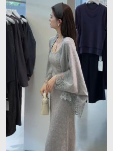 Grey Strapless Three-Piece Set Elegant Ladylike Chic Style Womens Fashion Ensemble Autumn Collection High Waist Long Skirt