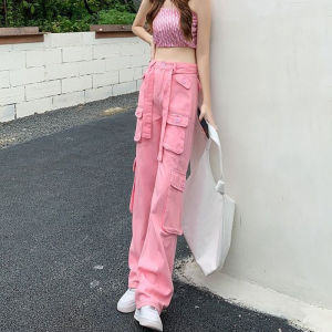 IELGY กางเกงยีนส์ขากว้างสำหรับผู้หญิงกางเกงยีนส์ขากว้างทรงหลวมลำลองสีชมพูอินเทรนด์