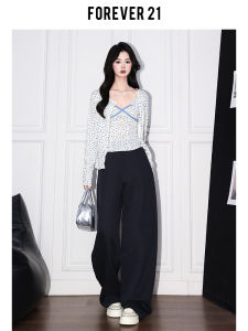 Forever 21 Vintage High Waist Wide Leg Casual Pants Womens Loose Fit Bend Knife Suit Pants Blue Color Straight Cut Trousers