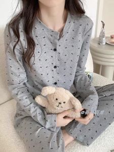 Loose Long Sleeve Sleepwear Set for Women Sweet Butterfly Knot Home Clothes Korean Style Spring Autumn Pure Color round Neck