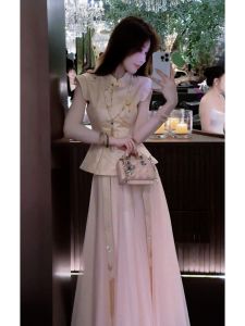 Autumn Winter Artistic Pink Dress Set Elegant High Waist Short Sleeve A-Line Skirt Casual Occasion New Chinese National Style