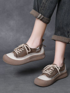 Retro Thick Bottom round Toe Womens Casual Shoes Soft Sole Leather Patchwork Versatile Cowhide Board Shoes Spring 2025