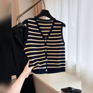 YUFUQING | French Stripe V-neck Sleeveless Knitted Vest Womens Fashion Slim Fit Summer New Style Open Cardigan Top Polyester Fiber