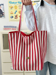 Red Striped Double Sided Canvas Tote Bag Casual Leisure Womens Shoulder Bag Large Capacity Shopping Bag Style Korean