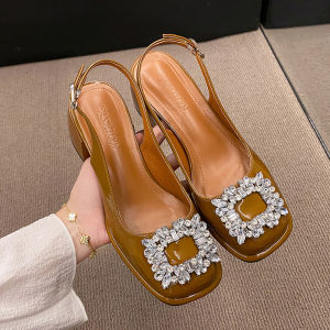 รองเท้าแตะส้นกลางสไตล์ฝรั่งเศสย้อนยุค Mary Janes สำหรับผู้หญิง รองเท้าส้นสูงแบบสวมหัวพร้อมดีไซน์ประดับคริสตัล รองเท้าแฟชั่นฤดูร้อน