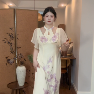 Butterfly Orchid Frock High Waist A-Line Midi Dress Short Sleeve V-Neck Polyester Fiber X-Shape Summer Commute Style plus Size