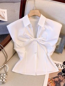 เสื้อเชิ้ตคอโปโลสไตล์ฝรั่งเศสย้อนยุคสำหรับผู้หญิงในช่วงฤดูร้อน แขนกุด เสื้อกั๊ก เสื้อคลุมเล็ก เสื้อคลุมเอวเล็ก เสื้อคลุมคอตตอน